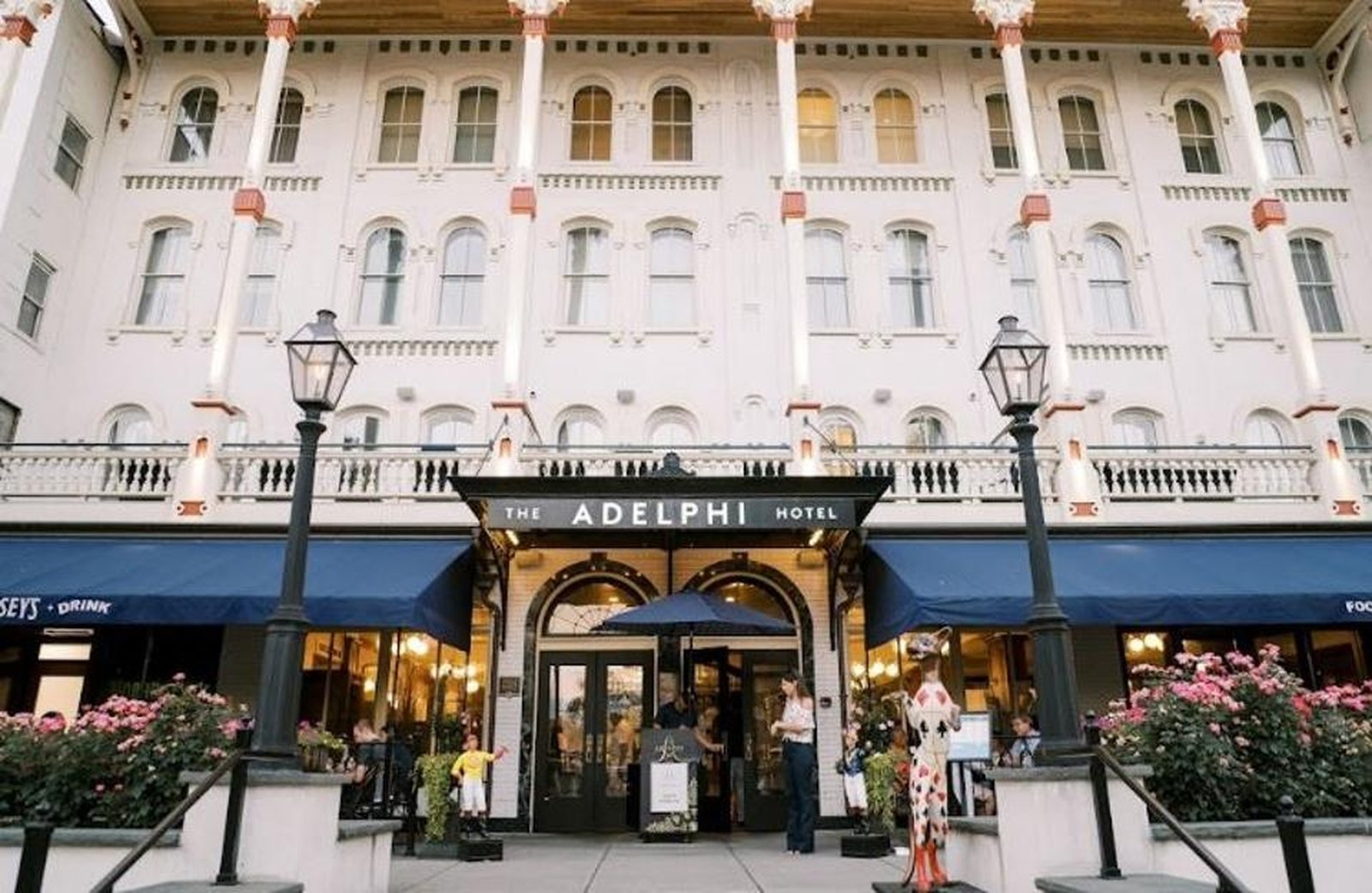 Facade of the historic Adelphi Hotel on Broadway