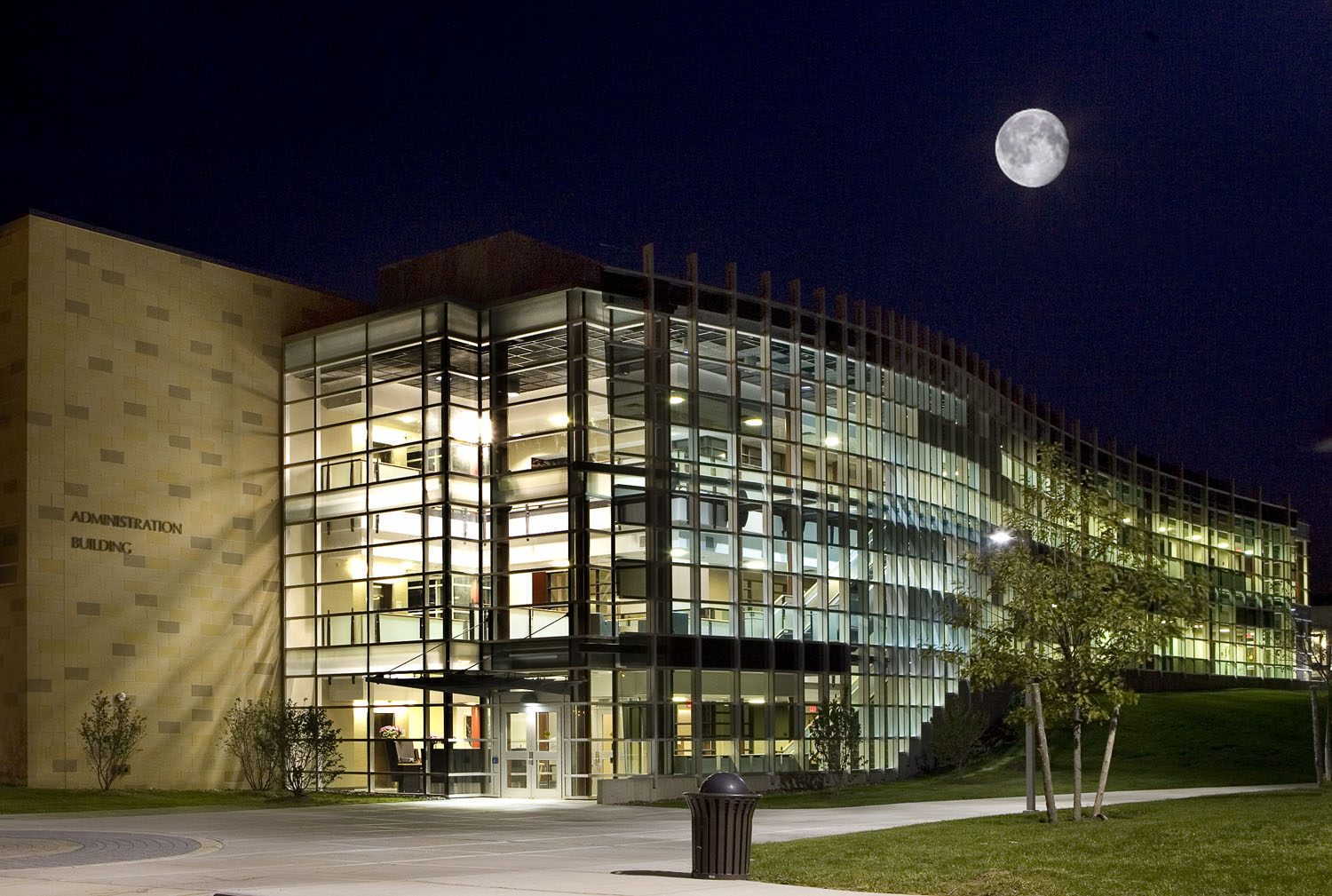 Hudson Valley Community College administration building at night